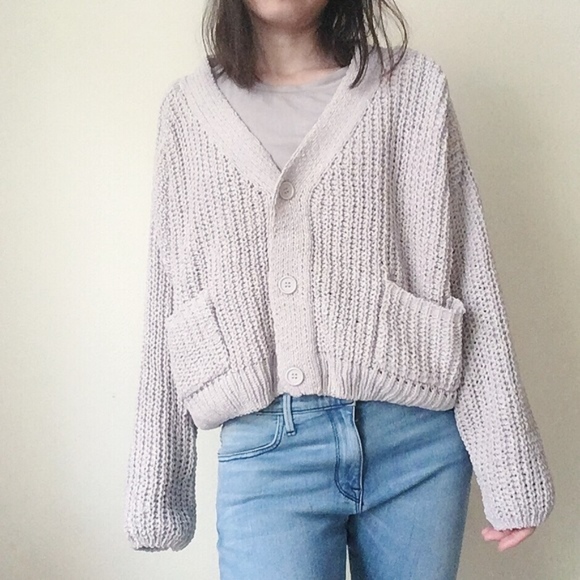 Oversized Light grey velvet cardigan - Picture 2 of 12